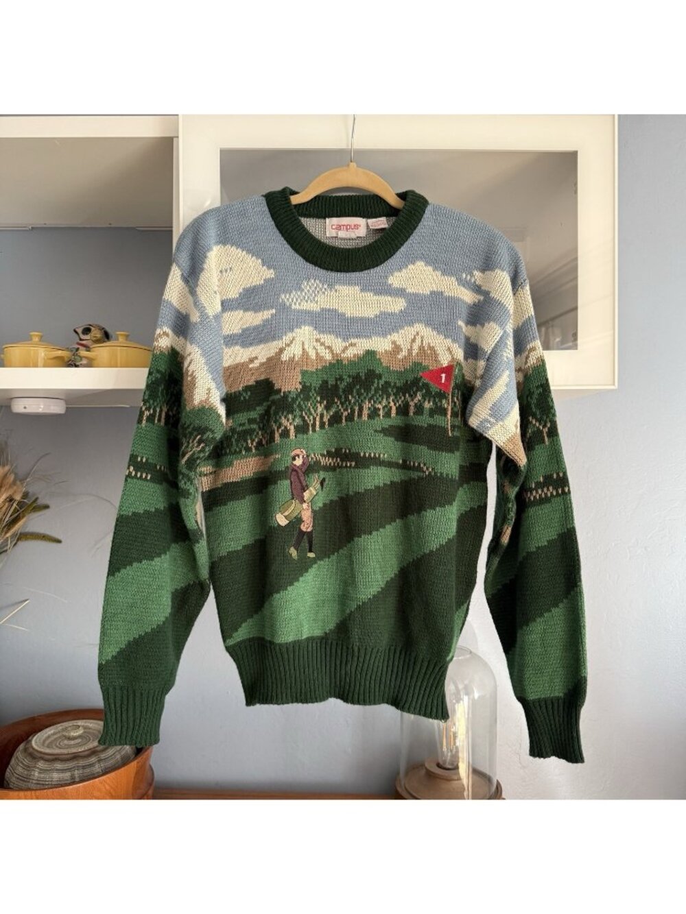 CAMPUS Vtg 70s 80s Green & Blue All-Over Print Acrylic Sweater Golf